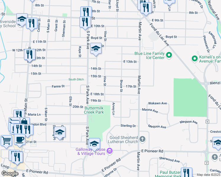 map of restaurants, bars, coffee shops, grocery stores, and more near 297 East 18th Street in Fond du Lac