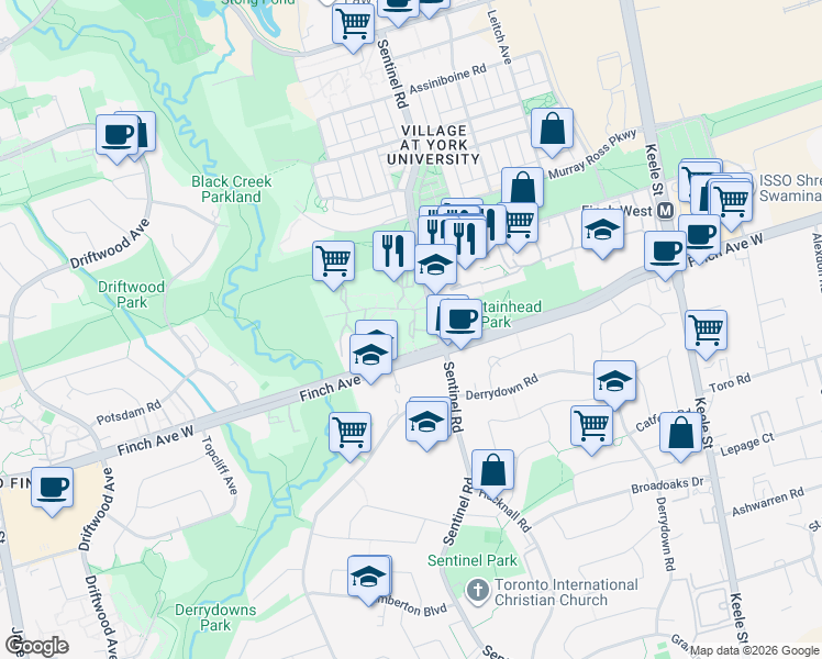 map of restaurants, bars, coffee shops, grocery stores, and more near 1 Fountainhead Road in Toronto