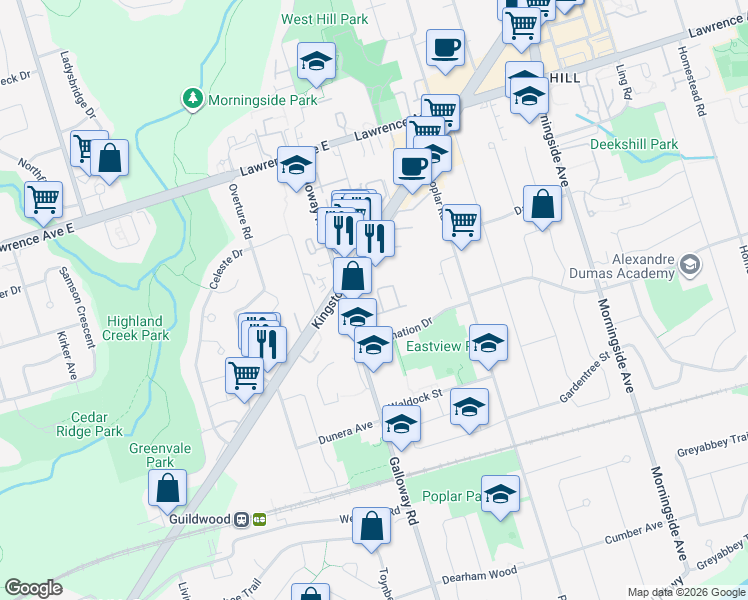 map of restaurants, bars, coffee shops, grocery stores, and more near 141 Galloway Road in Toronto