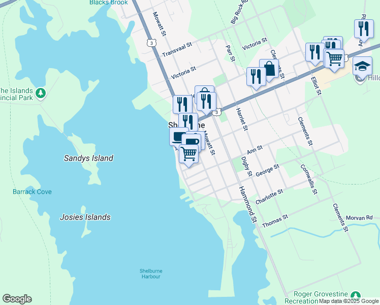 map of restaurants, bars, coffee shops, grocery stores, and more near 15 John Street in Shelburne