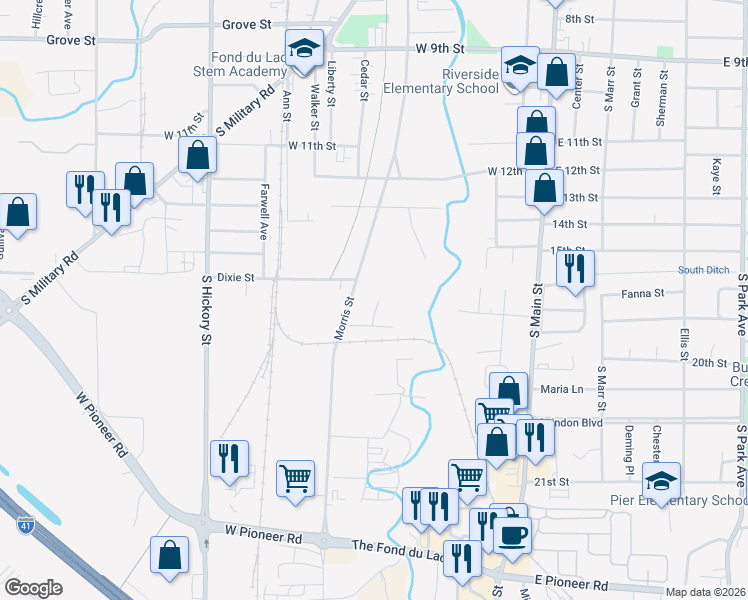 map of restaurants, bars, coffee shops, grocery stores, and more near 44 Donohue Court in Fond du Lac