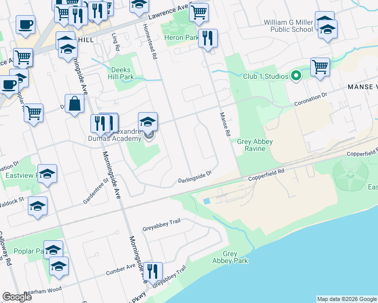 map of restaurants, bars, coffee shops, grocery stores, and more near 23 Homestead Road in Toronto