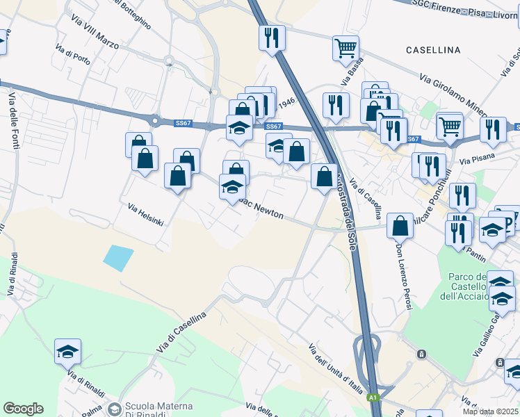 map of restaurants, bars, coffee shops, grocery stores, and more near 21 Via Isaac Newton in Scandicci