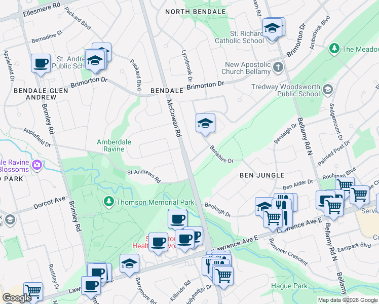 map of restaurants, bars, coffee shops, grocery stores, and more near 4 Brantwood Drive in Toronto