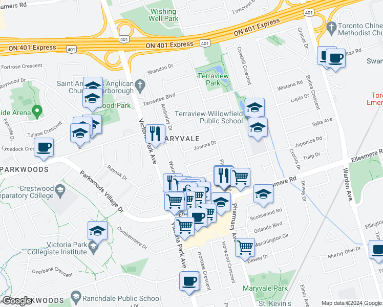 map of restaurants, bars, coffee shops, grocery stores, and more near 25 Joanna Drive in Toronto