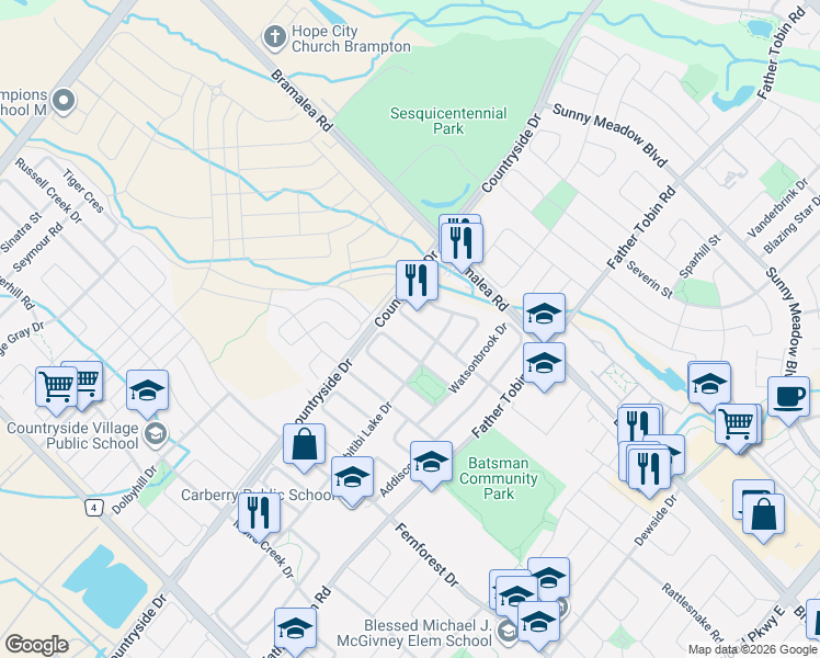 map of restaurants, bars, coffee shops, grocery stores, and more near in Brampton
