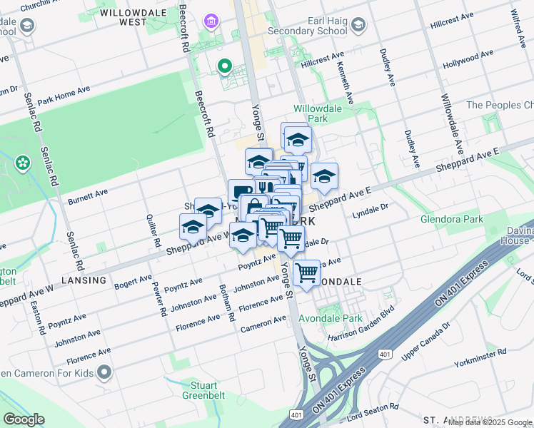 map of restaurants, bars, coffee shops, grocery stores, and more near 4808 Yonge Street in Toronto