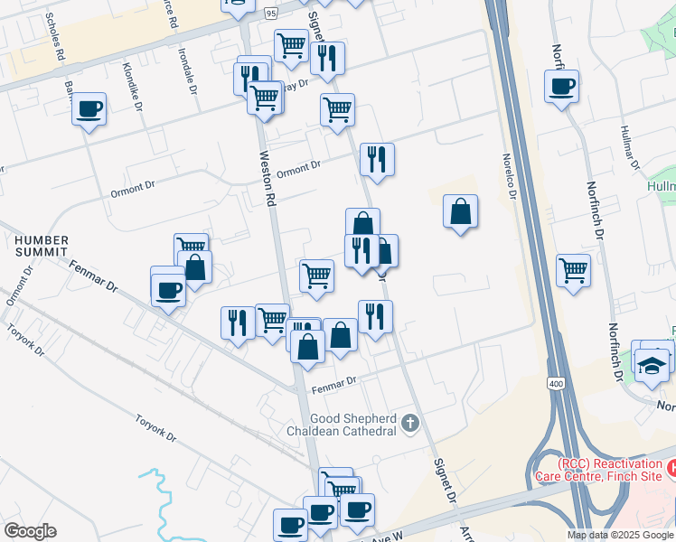 map of restaurants, bars, coffee shops, grocery stores, and more near 7 Kenhar Drive in Toronto