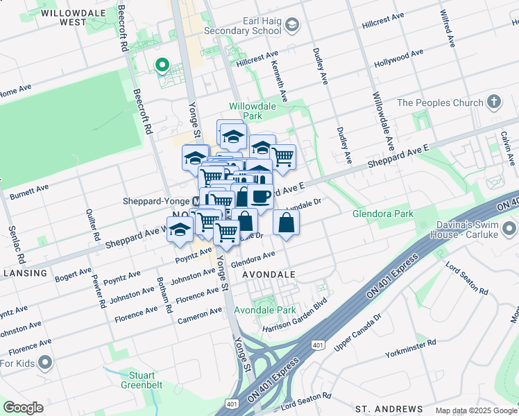 map of restaurants, bars, coffee shops, grocery stores, and more near 45 Sheppard Avenue East in Toronto