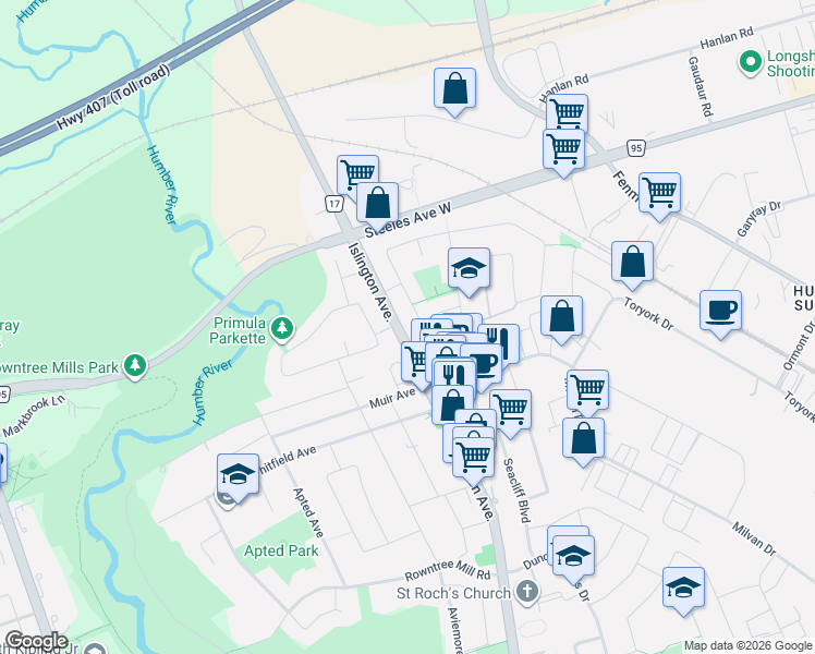map of restaurants, bars, coffee shops, grocery stores, and more near 112 Anthia Drive in Toronto