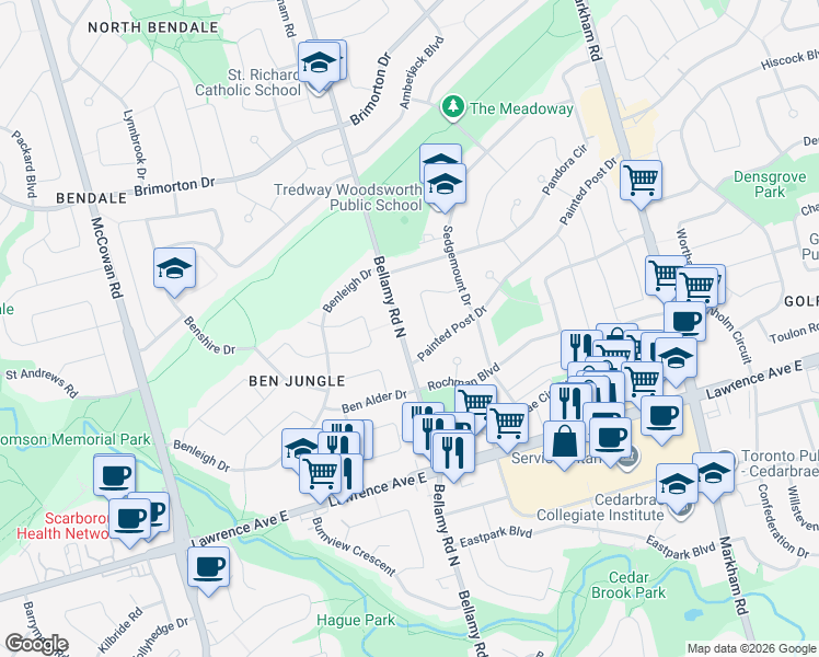 map of restaurants, bars, coffee shops, grocery stores, and more near in Toronto