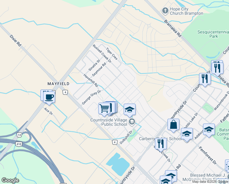 map of restaurants, bars, coffee shops, grocery stores, and more near 27 Swans Acre Trail in Brampton