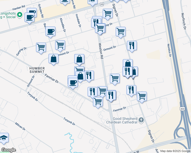 map of restaurants, bars, coffee shops, grocery stores, and more near 3700 Weston Road in Toronto