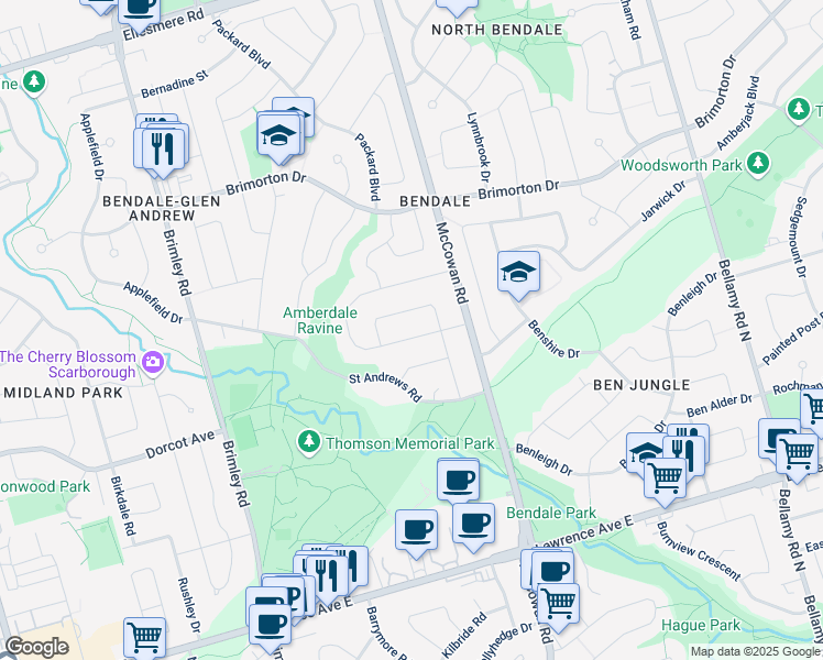 map of restaurants, bars, coffee shops, grocery stores, and more near 23 Meldazy Drive in Toronto