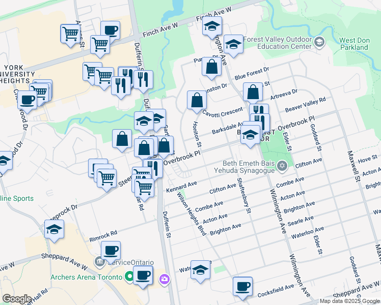 map of restaurants, bars, coffee shops, grocery stores, and more near in Toronto