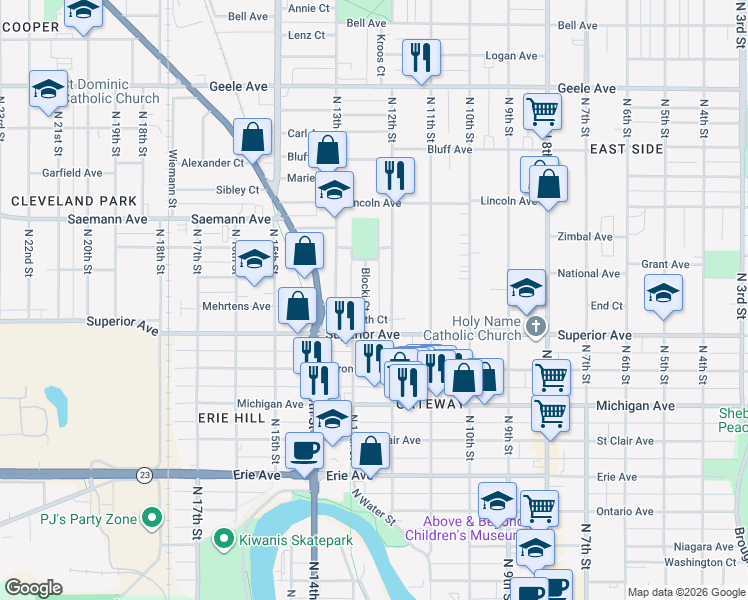 map of restaurants, bars, coffee shops, grocery stores, and more near 1624 North 12th Street in Sheboygan
