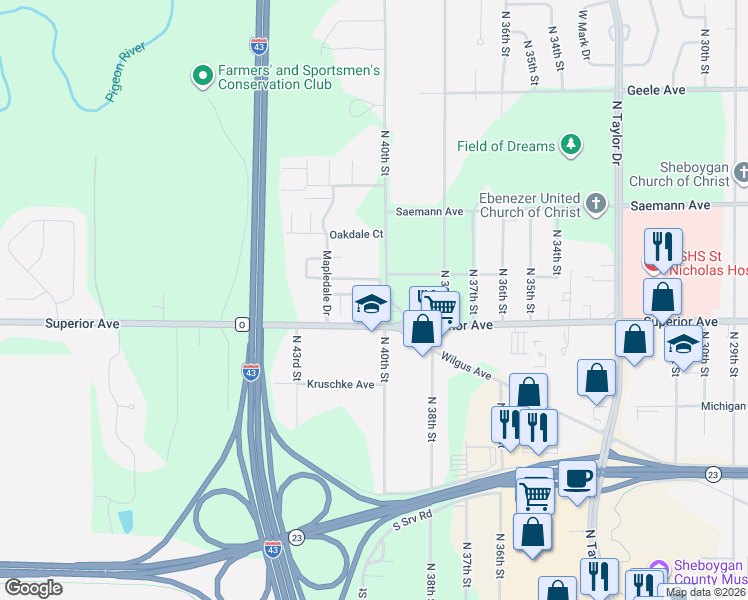 map of restaurants, bars, coffee shops, grocery stores, and more near 4023 Hazelnut Court in Sheboygan