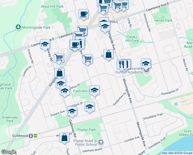 map of restaurants, bars, coffee shops, grocery stores, and more near 100A Kitchener Road in Toronto