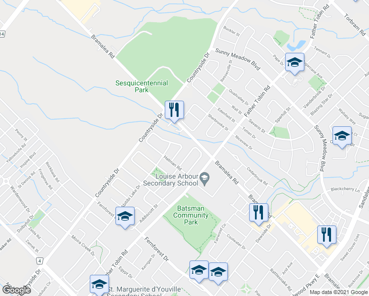 map of restaurants, bars, coffee shops, grocery stores, and more near 22 Everingham Circle in Brampton