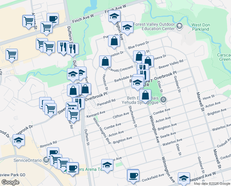 map of restaurants, bars, coffee shops, grocery stores, and more near in Toronto