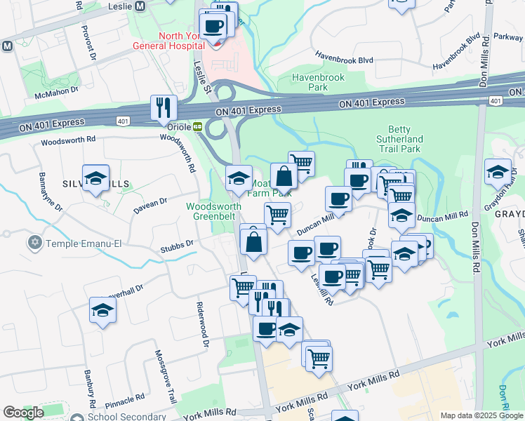 map of restaurants, bars, coffee shops, grocery stores, and more near in Toronto
