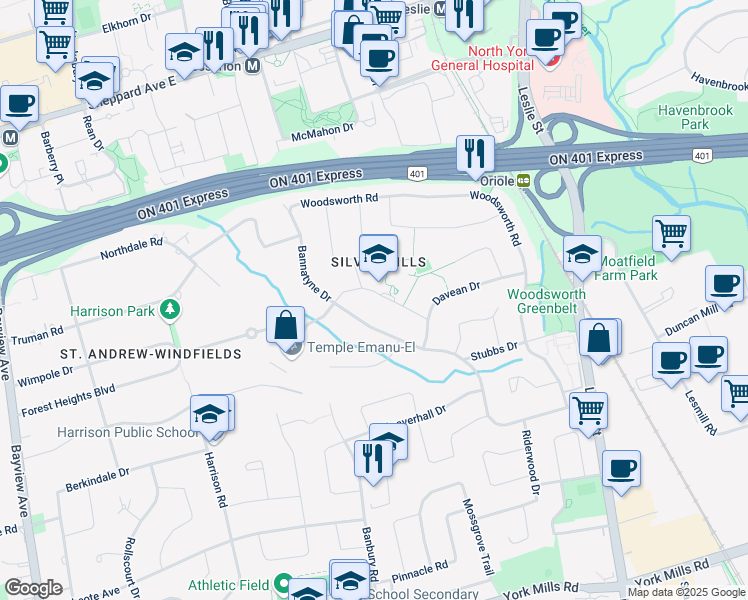 map of restaurants, bars, coffee shops, grocery stores, and more near 15 Dunlace Drive in Toronto