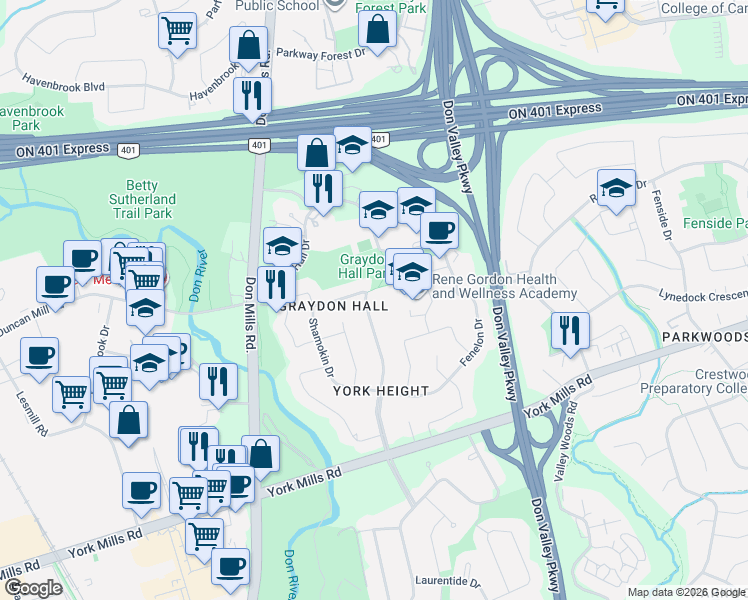 map of restaurants, bars, coffee shops, grocery stores, and more near 59 Valentine Drive in Toronto