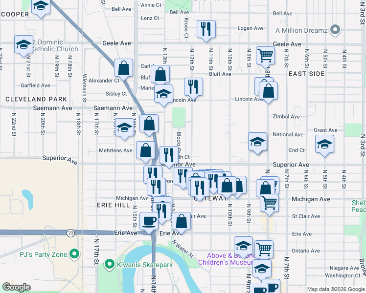 map of restaurants, bars, coffee shops, grocery stores, and more near 1624 North 12th Street in Sheboygan