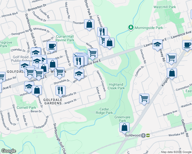 map of restaurants, bars, coffee shops, grocery stores, and more near 27 Degrey Court in Toronto