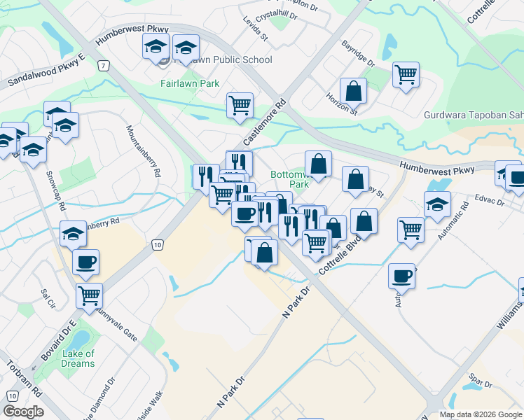 map of restaurants, bars, coffee shops, grocery stores, and more near 28 Jingle Crescent in Brampton