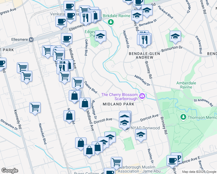 map of restaurants, bars, coffee shops, grocery stores, and more near 60 Brookridge Drive in Toronto