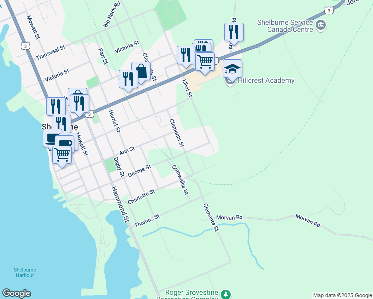map of restaurants, bars, coffee shops, grocery stores, and more near 84 George Street in Shelburne