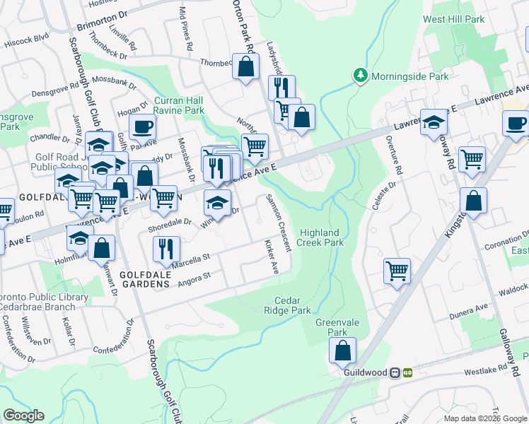 map of restaurants, bars, coffee shops, grocery stores, and more near 27 Degrey Court in Toronto