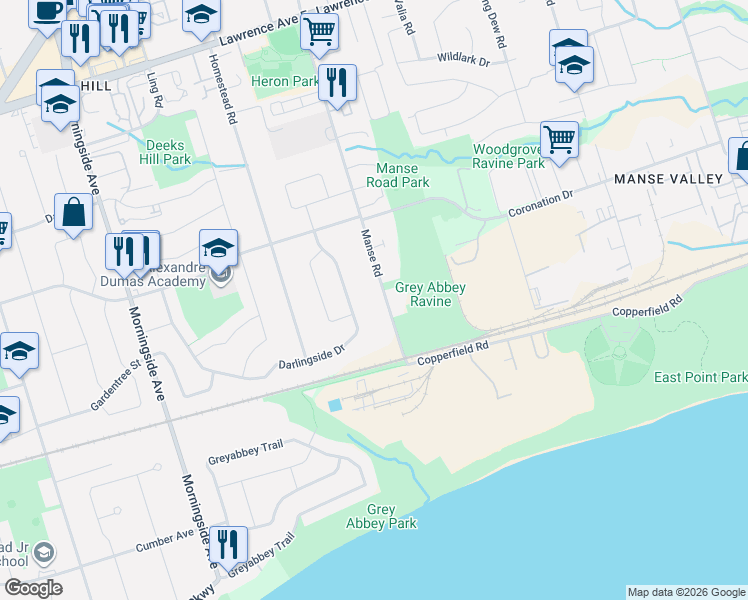 map of restaurants, bars, coffee shops, grocery stores, and more near 134 Manse Road in Toronto