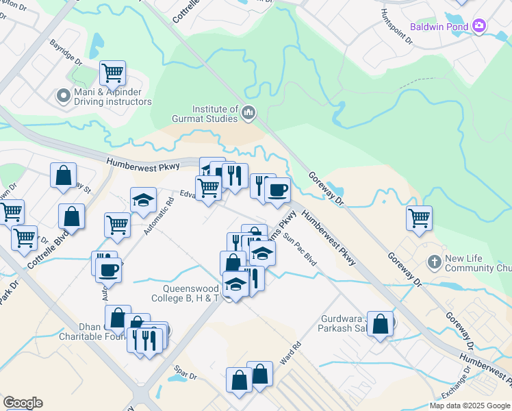 map of restaurants, bars, coffee shops, grocery stores, and more near 3A Edvac Drive in Brampton