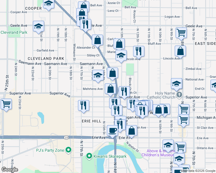 map of restaurants, bars, coffee shops, grocery stores, and more near 1557 North 15th Street in Sheboygan