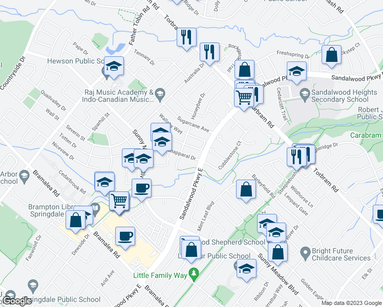 map of restaurants, bars, coffee shops, grocery stores, and more near 7 Chapparal Drive in Brampton