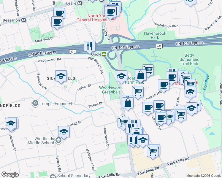 map of restaurants, bars, coffee shops, grocery stores, and more near 44 Stubbs Drive in Toronto