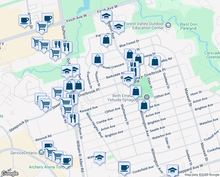 map of restaurants, bars, coffee shops, grocery stores, and more near 173 Overbrook Place in Toronto