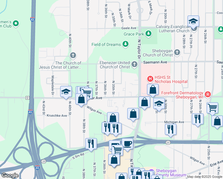map of restaurants, bars, coffee shops, grocery stores, and more near 1541 North 35th Street in Sheboygan