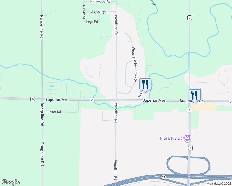 map of restaurants, bars, coffee shops, grocery stores, and more near N6128 Woodland Road in Sheboygan