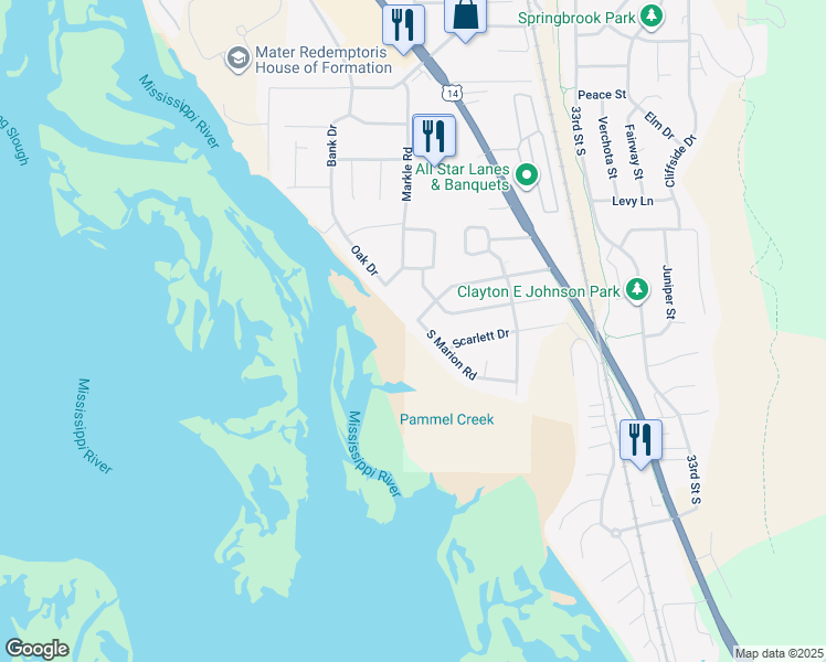 map of restaurants, bars, coffee shops, grocery stores, and more near 2742 Oak Drive in La Crosse