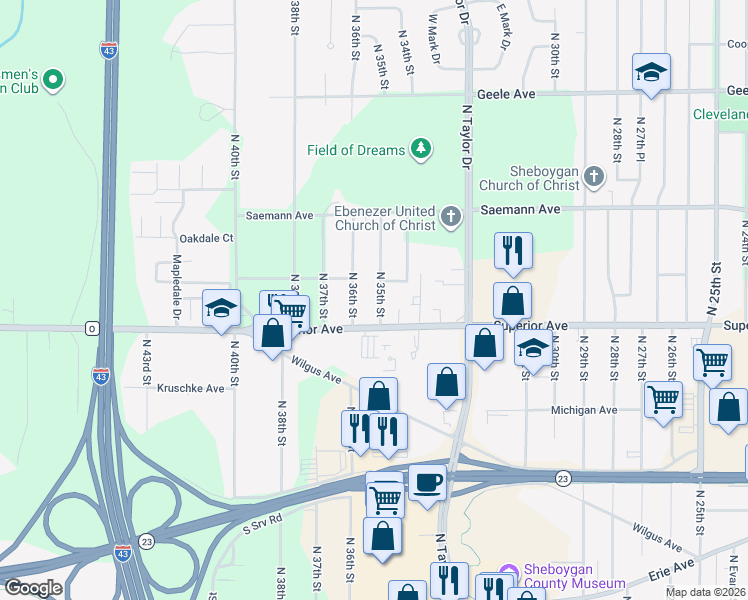 map of restaurants, bars, coffee shops, grocery stores, and more near 1528 North 35th Street in Sheboygan
