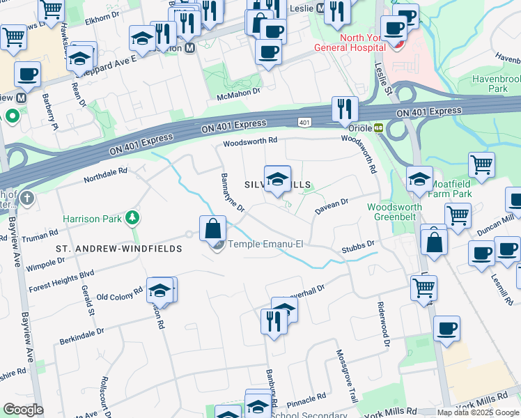 map of restaurants, bars, coffee shops, grocery stores, and more near 5 Dunlace Drive in Toronto
