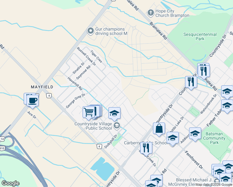 map of restaurants, bars, coffee shops, grocery stores, and more near 260 Inspire Boulevard in Brampton