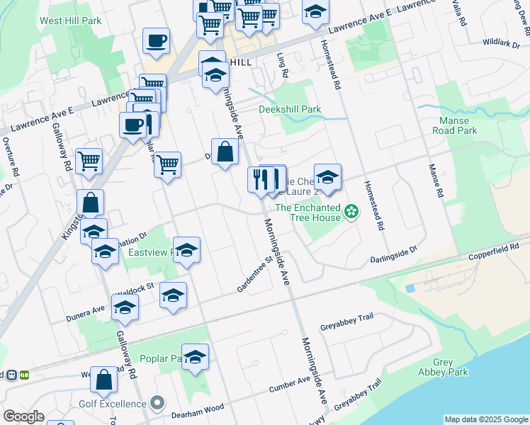 map of restaurants, bars, coffee shops, grocery stores, and more near Morningside Ave & Coronation Dr in Toronto