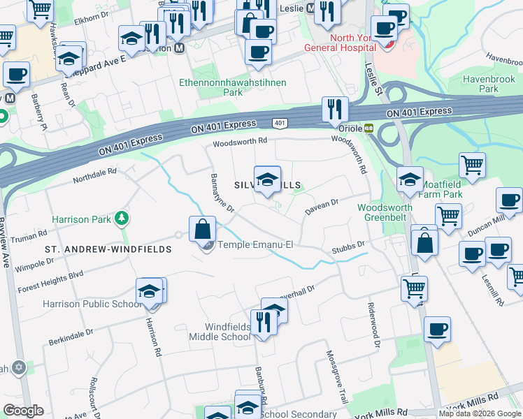 map of restaurants, bars, coffee shops, grocery stores, and more near 11 Dunlace Drive in Toronto