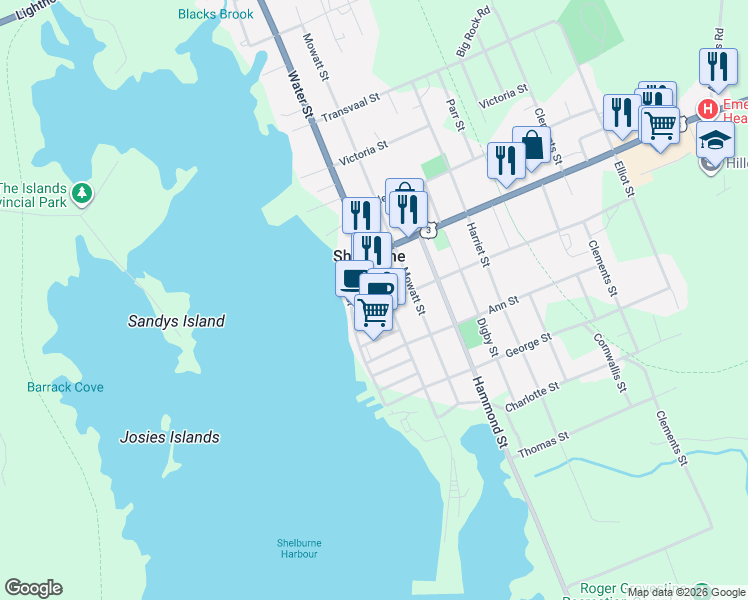 map of restaurants, bars, coffee shops, grocery stores, and more near 16 John Street in Shelburne