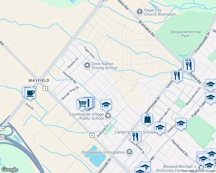 map of restaurants, bars, coffee shops, grocery stores, and more near in Brampton