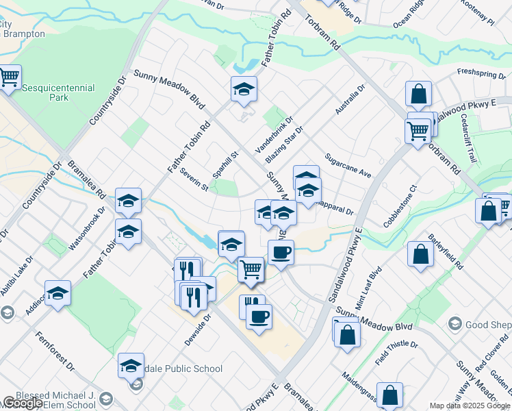 map of restaurants, bars, coffee shops, grocery stores, and more near 12 Stonemount Trail in Brampton